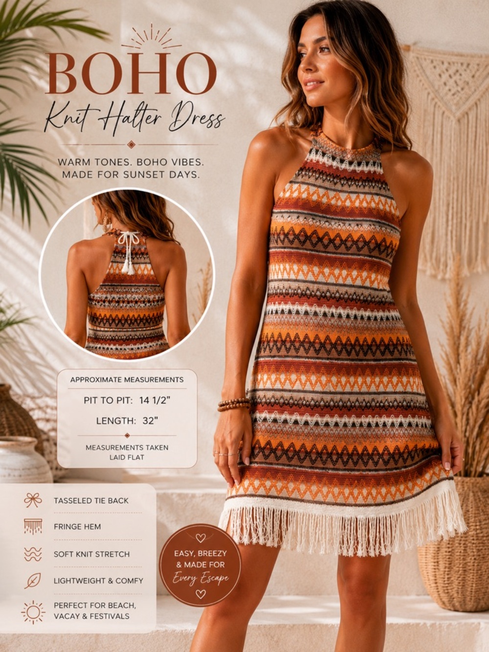 Boho‎ Fringe Knit Halter Dress Cover Up Tassel Tie Beach Dress